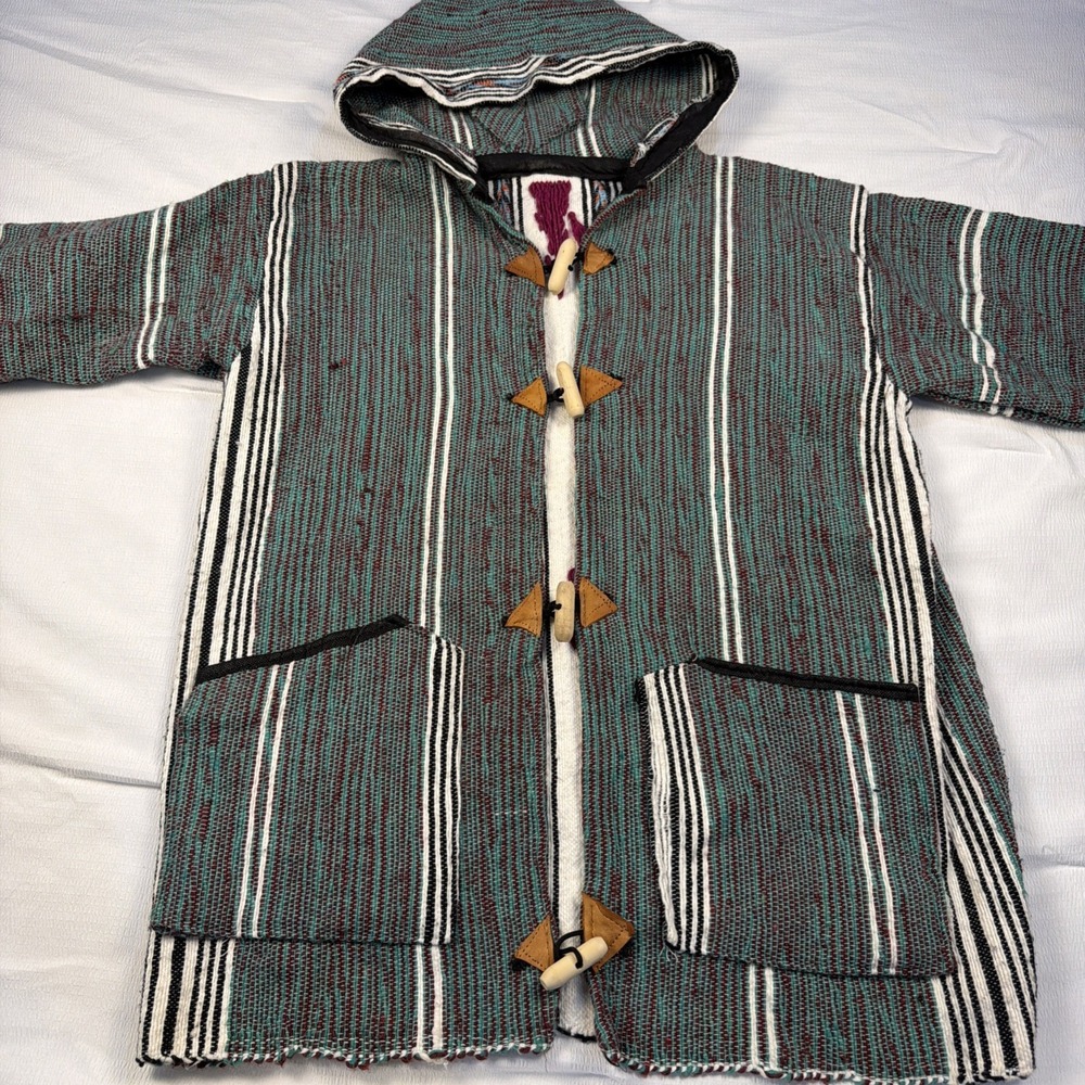 Vintage Striped Baja Hoodie Jacket Teal White Toggle Front Hooded Cardigan L